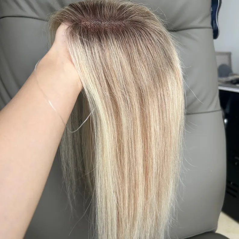 Remy Human Hair Topper, 14 Inch Ash Blonde Rooted Mono Base, Thinning Hair Solution