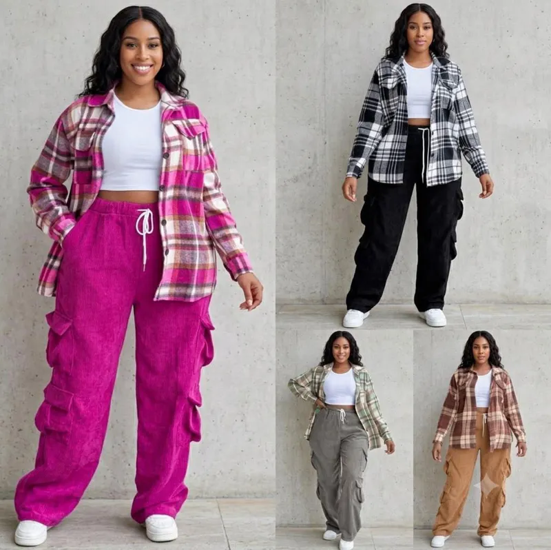 Women's Plaid Shacket and Corduroy Cargo Pants Set