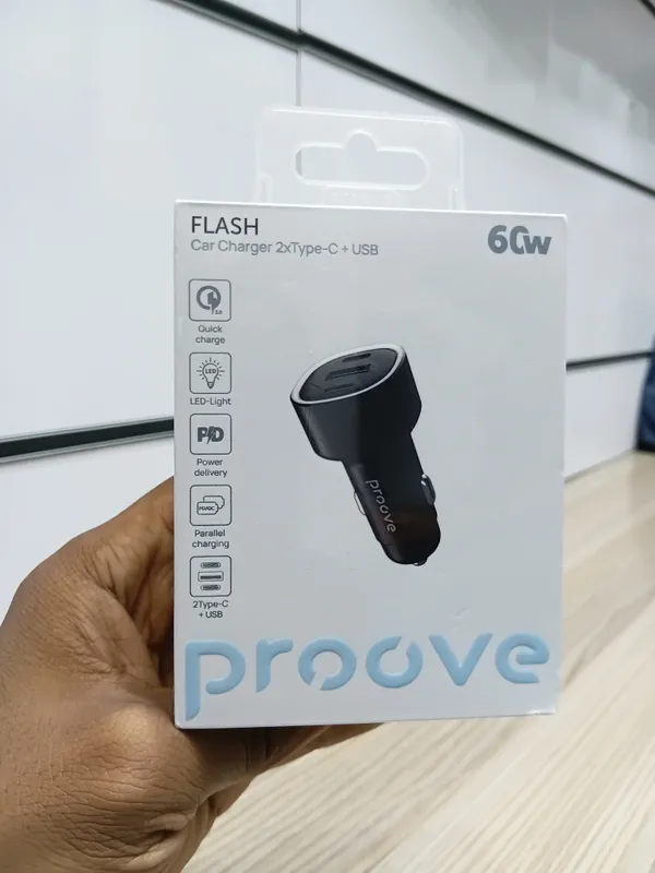 Proove Flash 60W Car Charger in black Type-C ports and one USB port.