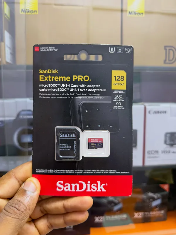 128GB SanDisk Extreme PRO microSDXC UHS-I memory card.