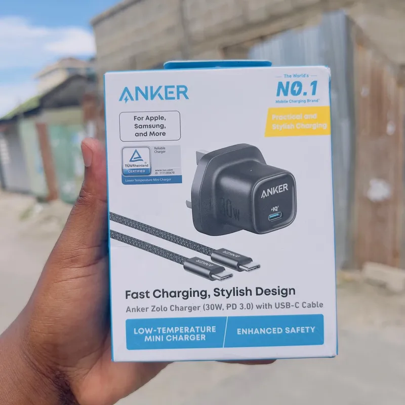 Anker Zolo Charger (30W, PD 3.0)with a braided USB-C cable.