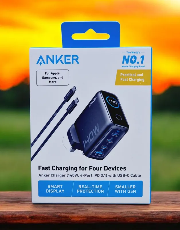 The Anker Zolo 140W 4-Port PD 3.1 Fast Charger packaged with a USB-C cable.