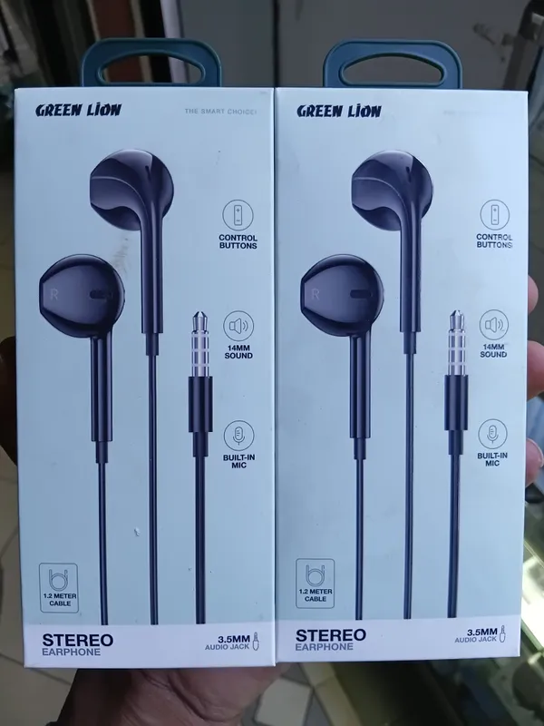 Green Lion 3.5mm Stereo Earphones with built-in microphones.