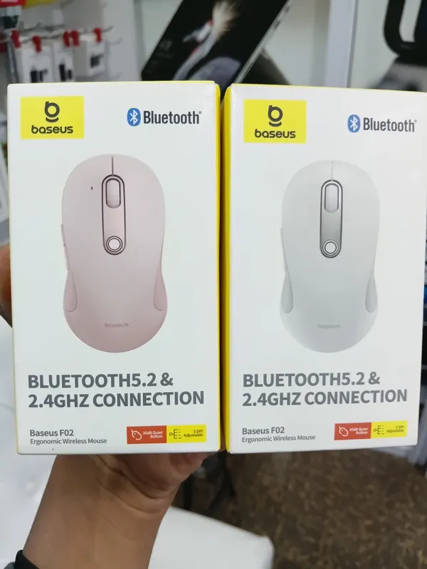 Baseus F02 Ergonomic Dual-Mode Wireless Mouse in pink and white color