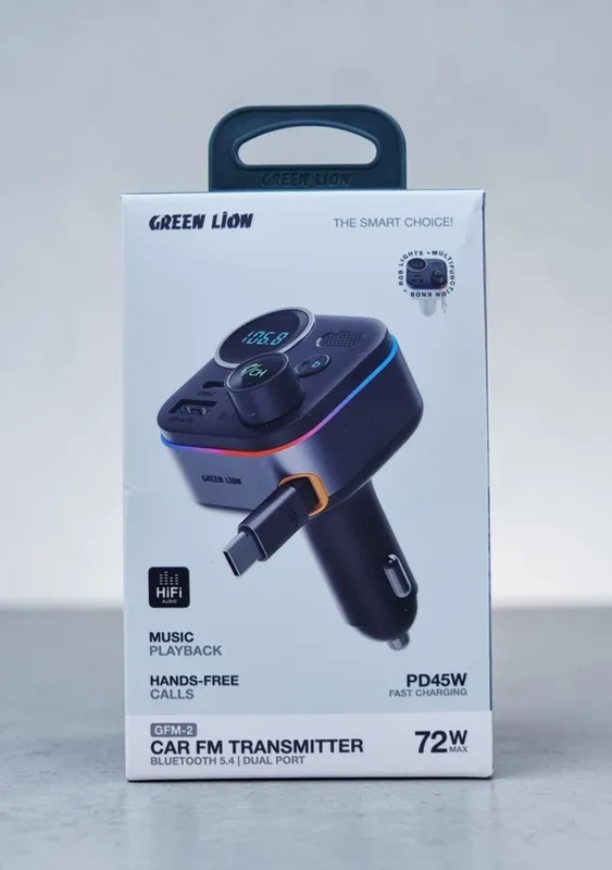 The Green Lion GFM-2 Car FM Transmitter 72W dual-port fast charger.