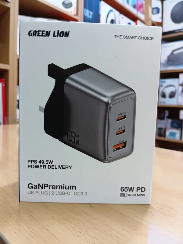 The Green Lion GaN Premium UK Plug Wall Charger (65W PD) in gray