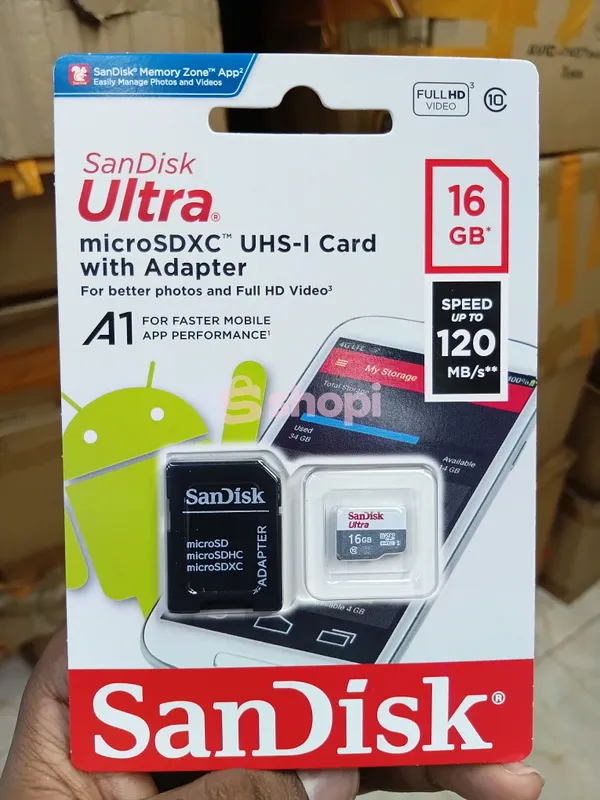 SanDisk Ultra 16GB microSDHC UHS-I memory card with an SD adapter.