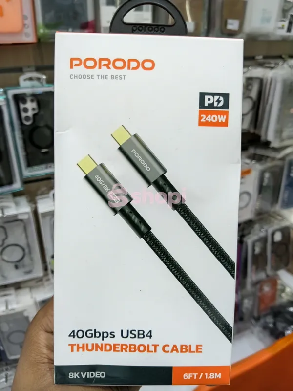 Porodo 40Gbps USB-C to USB-C USB4 Thunderbolt Cable (240W, 6FT/1.8M)