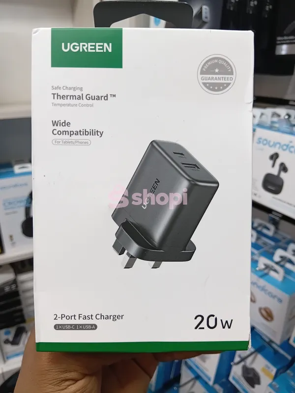 UGREEN 2-Port Fast Charger (20W) with one USB-C port and one USB-A port