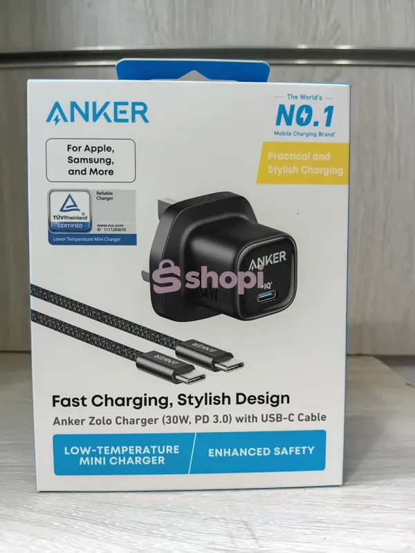 The Anker Zolo Charger (30W, PD 3.0) with USB-C Cable.