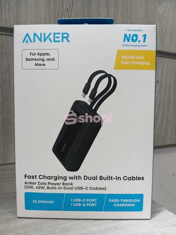 Anker Zolo Power Bank (20,000mAh, 45W, Dual Built-In USB-C Cables)