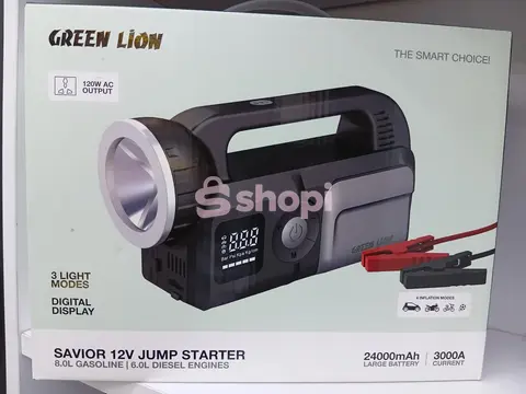 The Green Lion Savior 12V 24,000MaH Jump Starter.