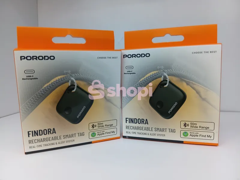The Porodo Findora Rechargeable Smart Tag in black.