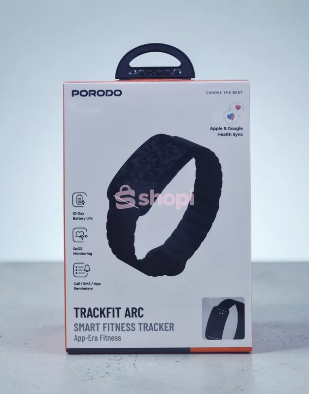 The Porodo TrackFit Arc Smart Fitness Tracker in black