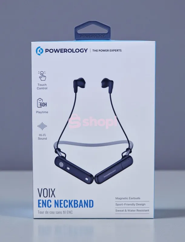 The Powerology Voix ENC Neckband wireless earphones.