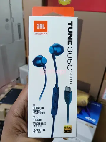 The JBL Tune 305C USB-C wired in-ear headphones in blue
