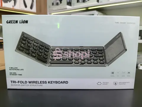 Green Lion Tri-Fold Wireless Keyboard with an Arabic and English layout and a built-in high-sensitivity touchpad.