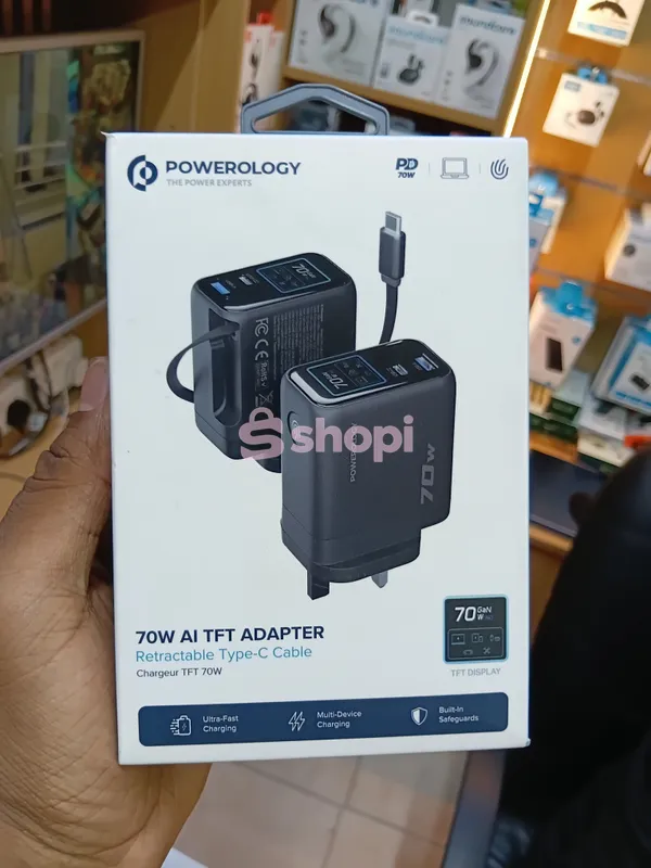 Powerology 70W AI TFT Adapter with built-in retractable Type-C cable