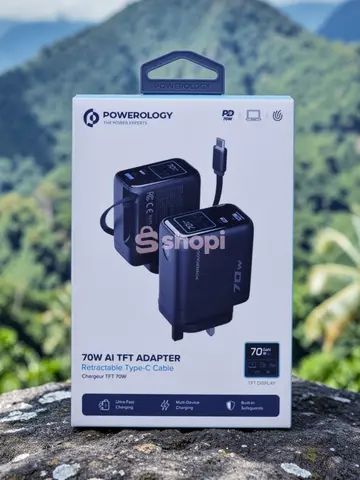 Powerology 70W AI TFT Adapter with Retractable Type-C Cable (Model: PWCUQC70WBK)