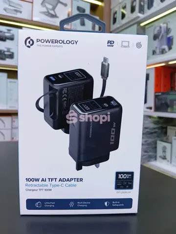 Powerology 100W AI TFT Adapter with retractable Type-C cable - Black