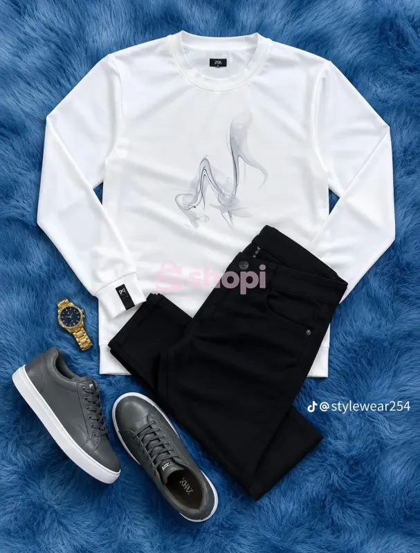 Graphic print sweatshirt outfit set with sneakers and watch