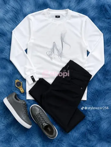 Graphic print sweatshirt outfit set with sneakers and watch