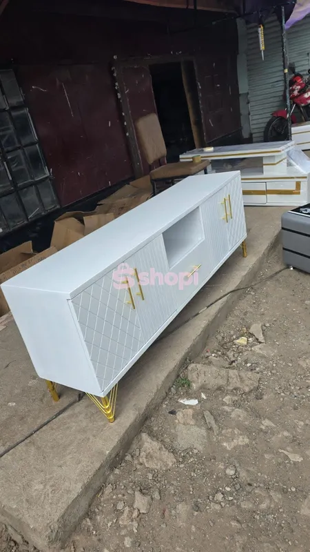 Modern White TV Stand with Gold Accents