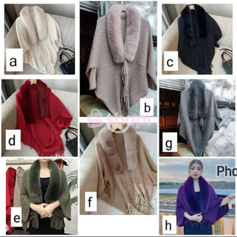 Furry Collar Knitted Poncho Shawl