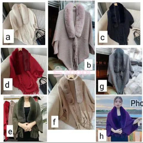 Furry Collar Knitted Poncho Shawl