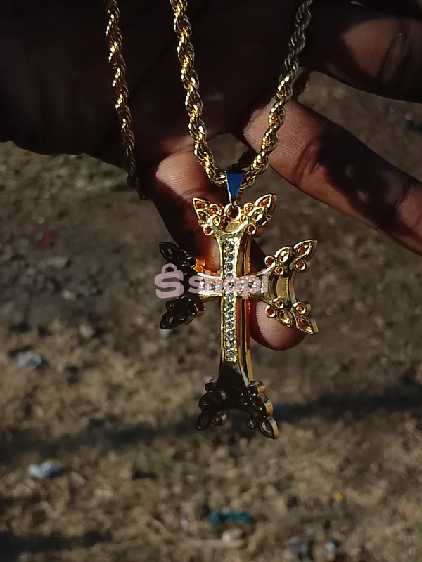 Gold Tone Rope Chain Cross Pendant Necklace