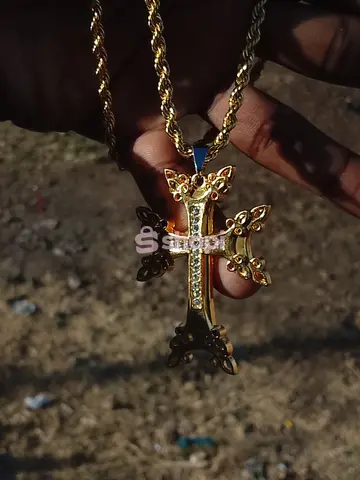 Gold Tone Rope Chain Cross Pendant Necklace