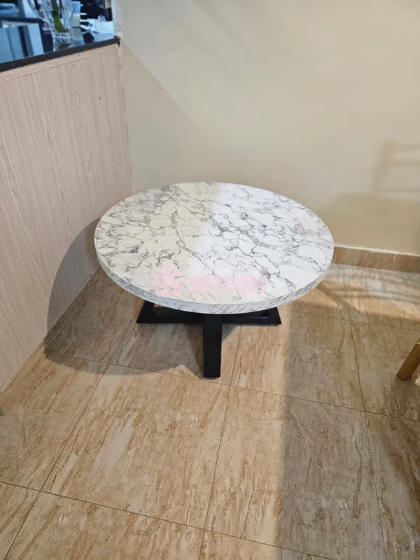 White Marble-Top Round Coffee Table and Wooden Bed Frame Set