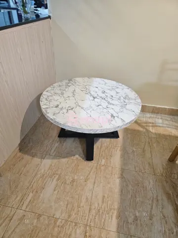 White Marble-Top Round Coffee Table and Wooden Bed Frame Set