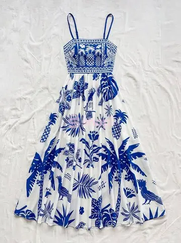 White and Blue Tropical Print Maxi Dress