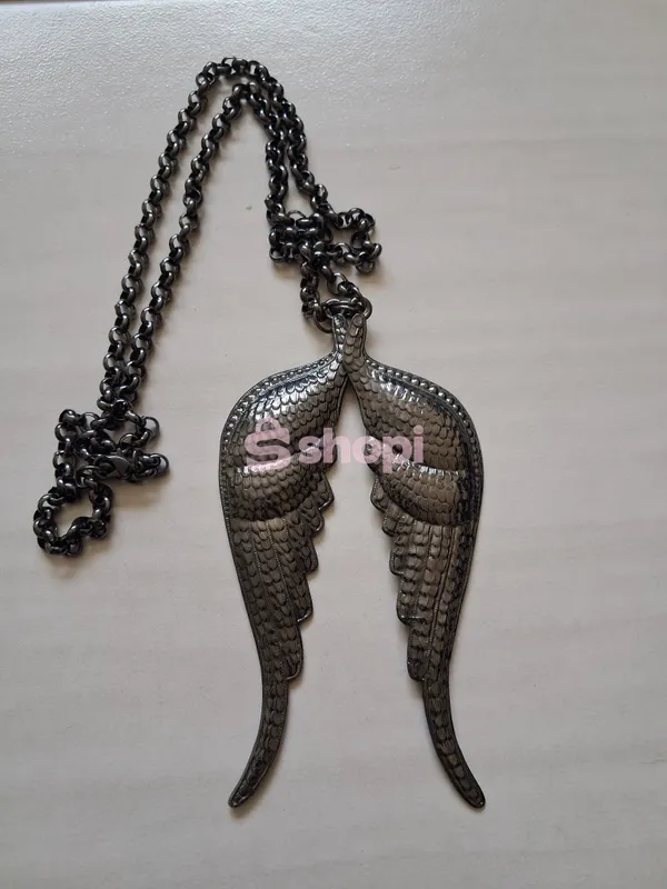 Dark metallic angel wings pendant necklace
