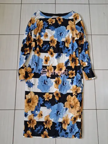 Blue and Yellow Floral Striped Long Sleeve Dress